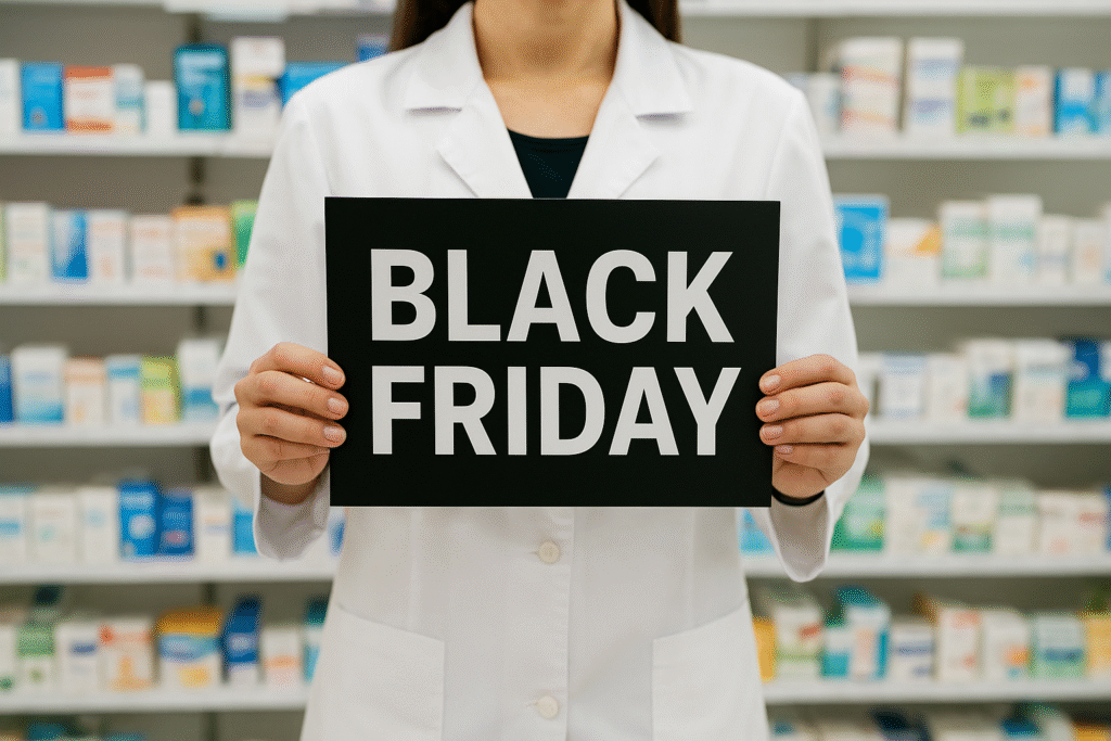 Farmacéutica con un cartel en la mano donde se ve escrito Black Friday.