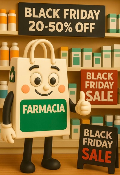 Una bolsa blanca en la que aparece escrito black friday. De fondo aparecen lineales con carteles de black friday
